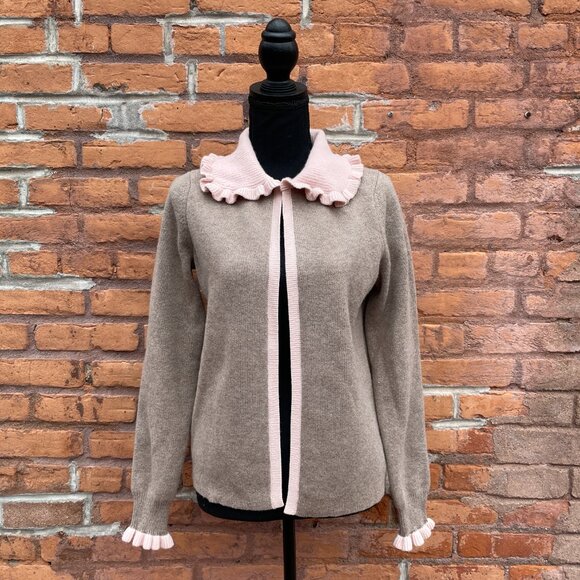 [SOLD on eBay] Boden Wool Blend Knit Pink Ruffle Collar Brown Cardigan Sweater - Picture 10 of 11